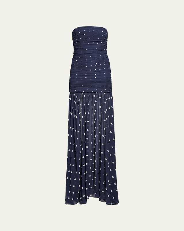 Annalise Ruched Strapless Polka Dot Dress